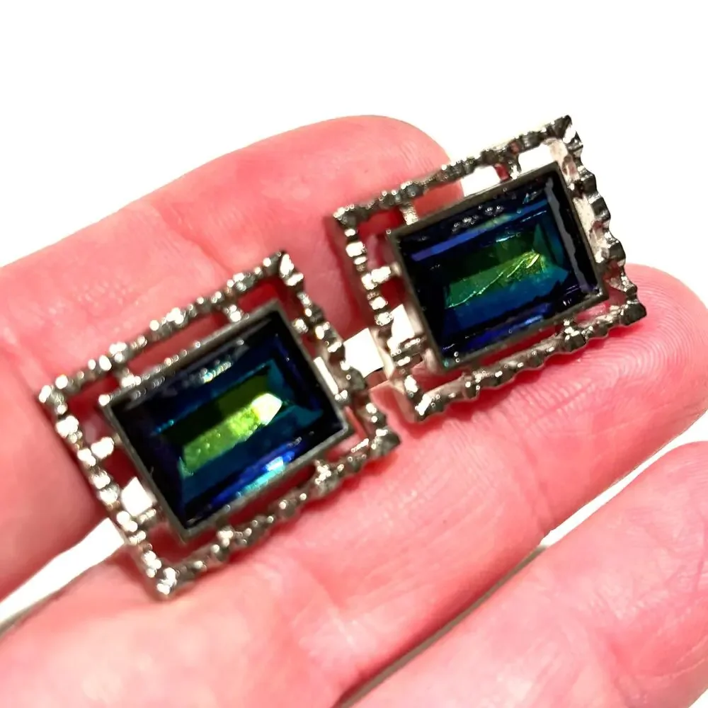 Vintage Mid Century Silver Cufflinks Textured Faceted aqua blue green centers